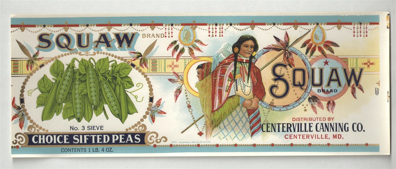 VINTAGE SQUAW BRAND PEAS { INDIAN GRAPHIC } UNUSED CAN LABEL LARGE 4 1/2\