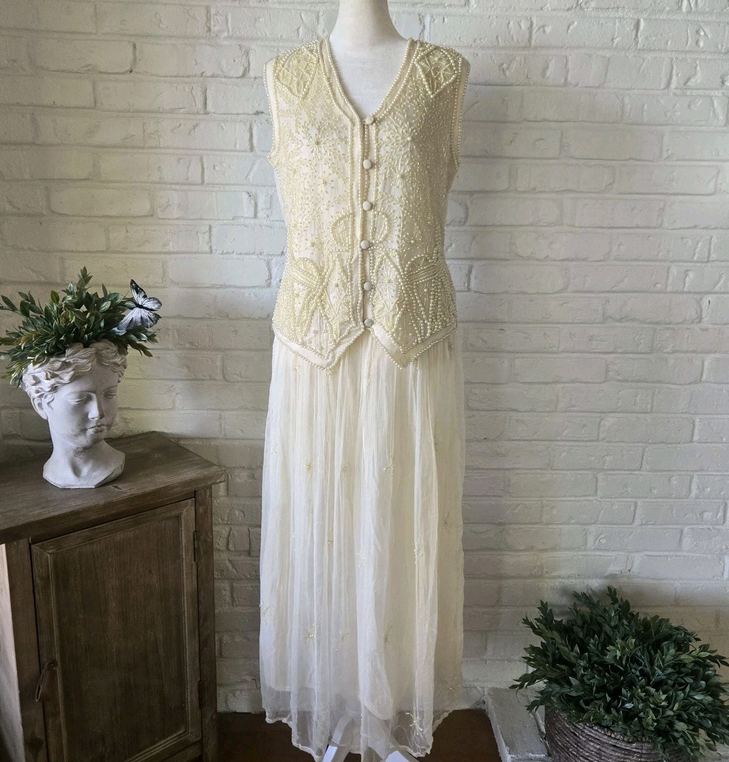 Vtg 80s 90s Matching Beaded Silk Vest & Skirt, Ivory, Flowy, Fairy Core