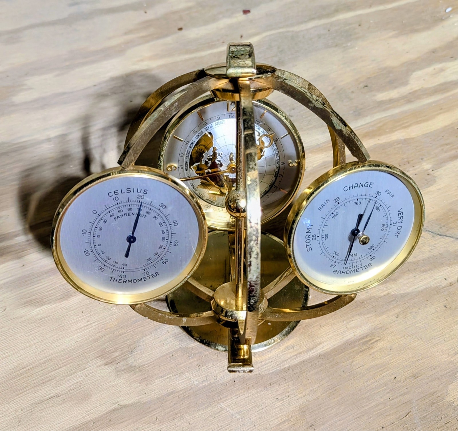 Vintage 1960s IMEXAL Swiss 8-Day Armillary World Time Desk Clock & Weather...