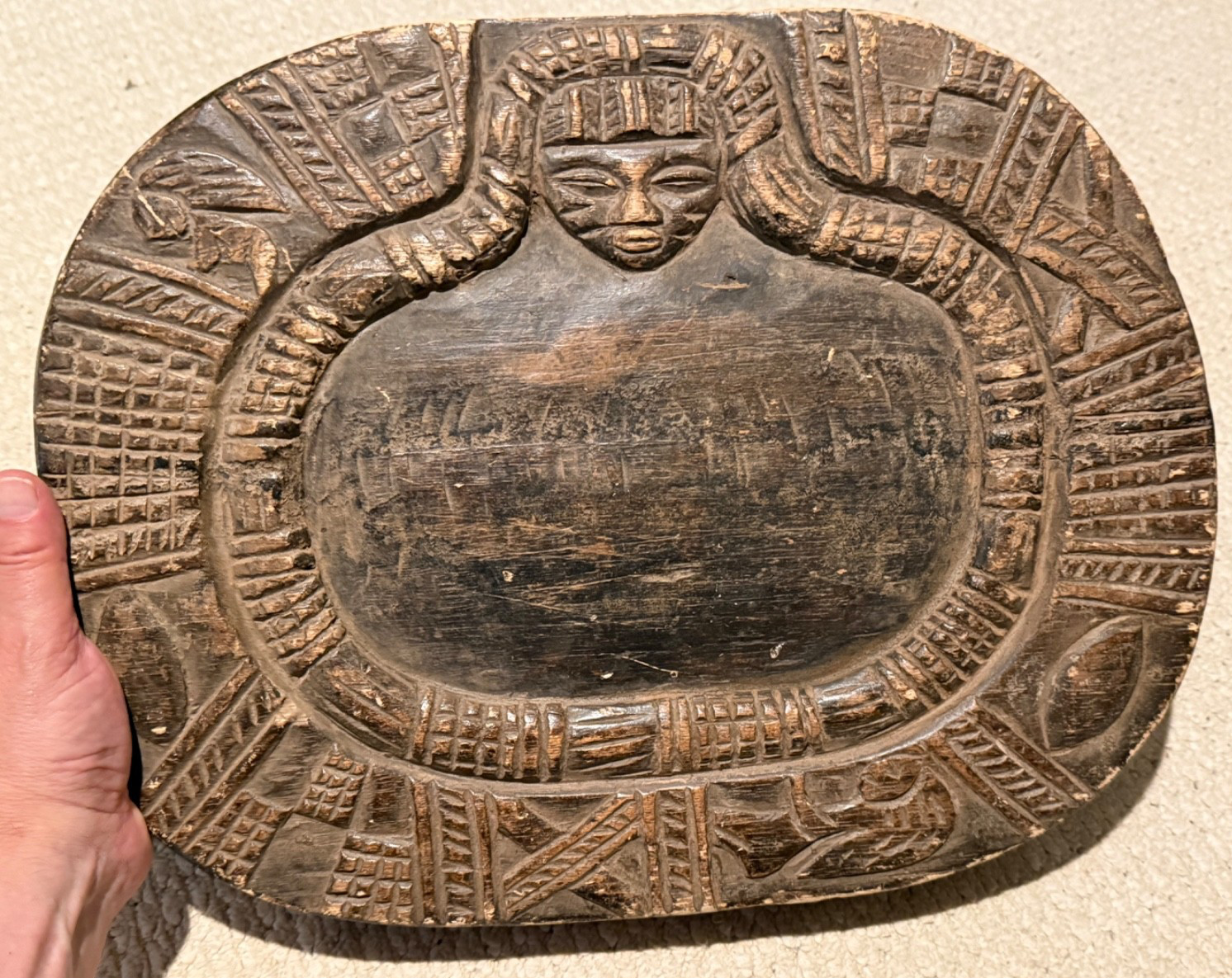 Vintage West African Divination Plate, Hand Carved Wood, Patina, Good Condition Vintage West African Divination Plate, Hand Carved Wood, Patina, Good Condition