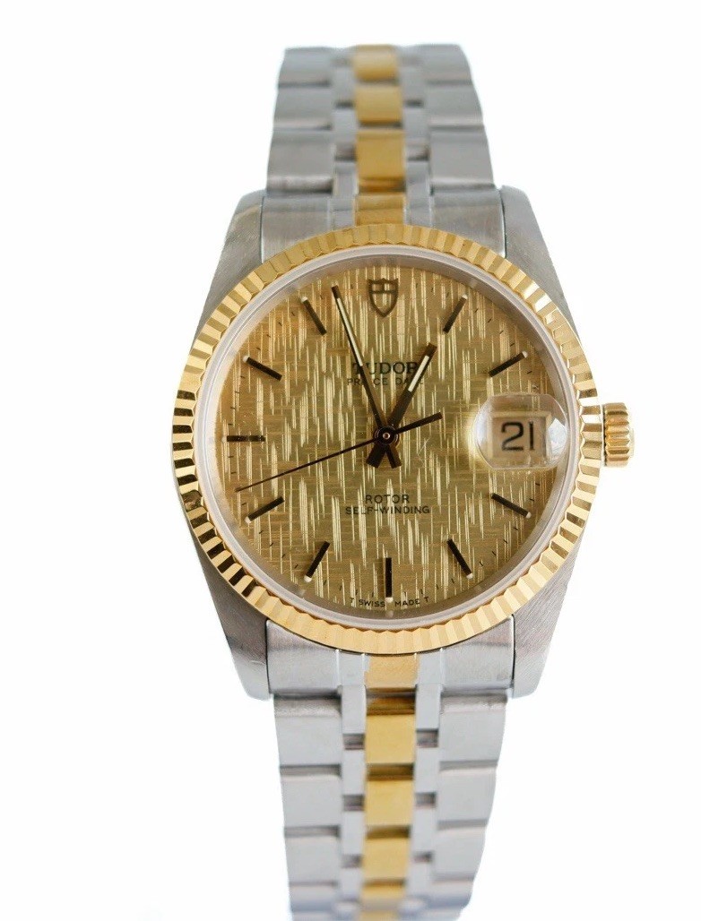 Tudor by Rolex Prince Date 74033 Gold Linen 18K Crown Automatic Two Tone Watch
