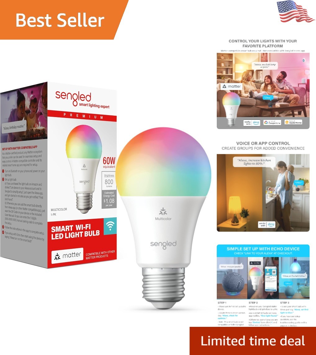 Matter LED Smart Bulb A19: Multicolor 800LM, Voice-Controlled, Energy-Efficient