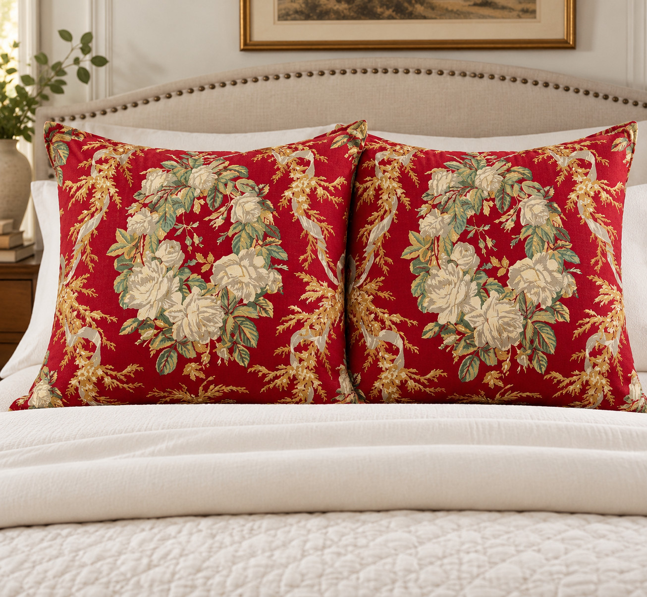 NEW Pottery Barn Estelle Euro Shams Set 2 Red Multi Floral 26x26 NWT Cotton