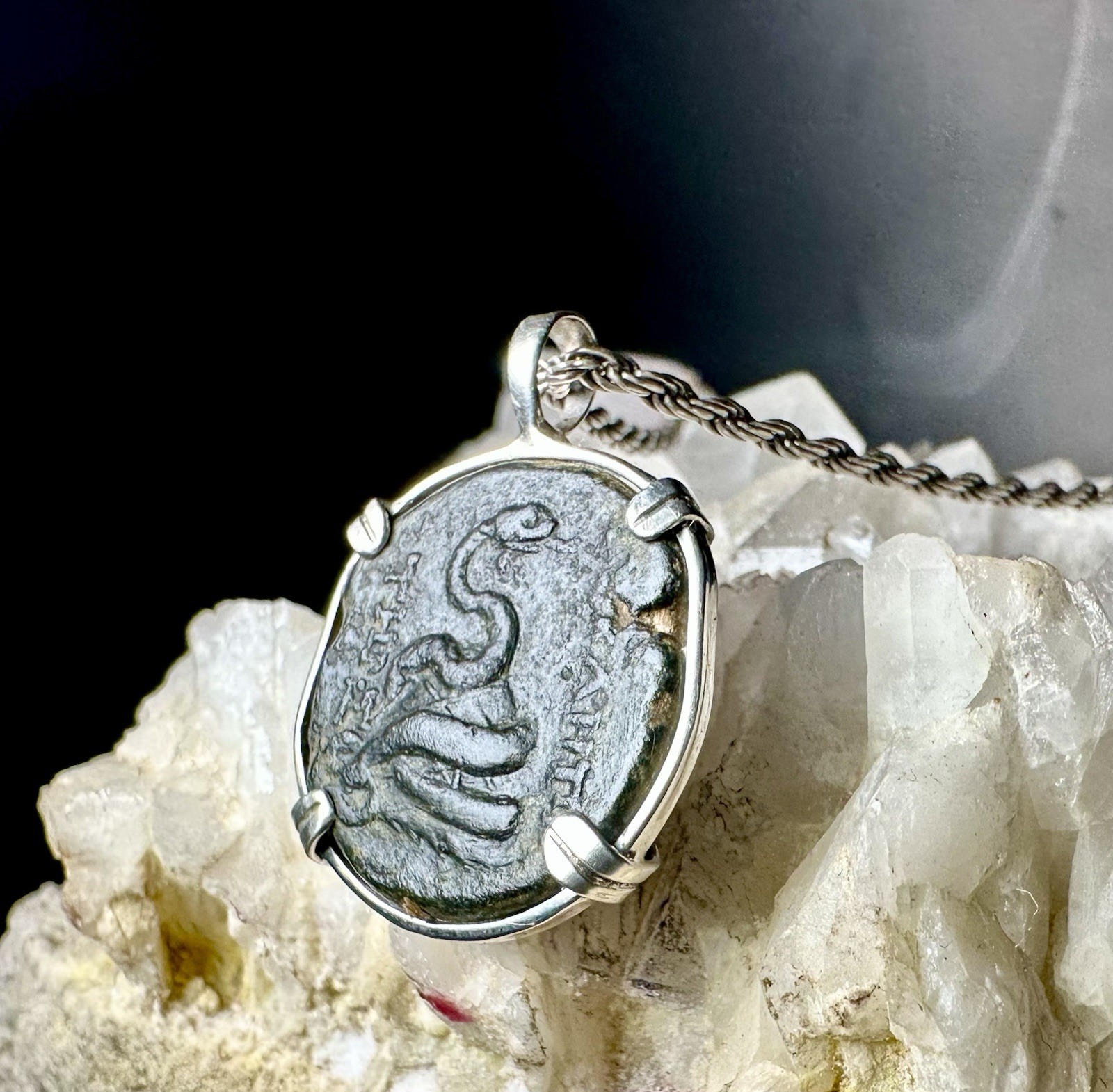 Genuine Ancient Greek Zeus And Serpent Coin In Sterling Silver Pendant