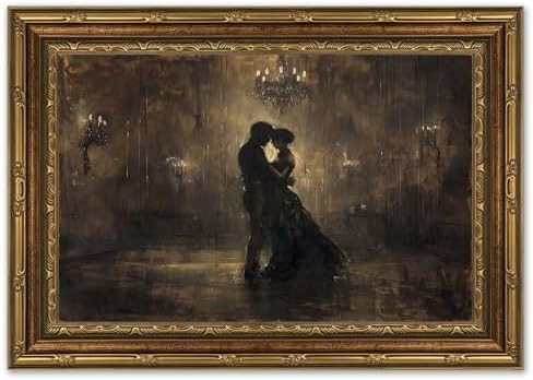 Vintage Gold Framed Moody Romantic Couple Canvas Wall Art, Victorian Ballroom Pa