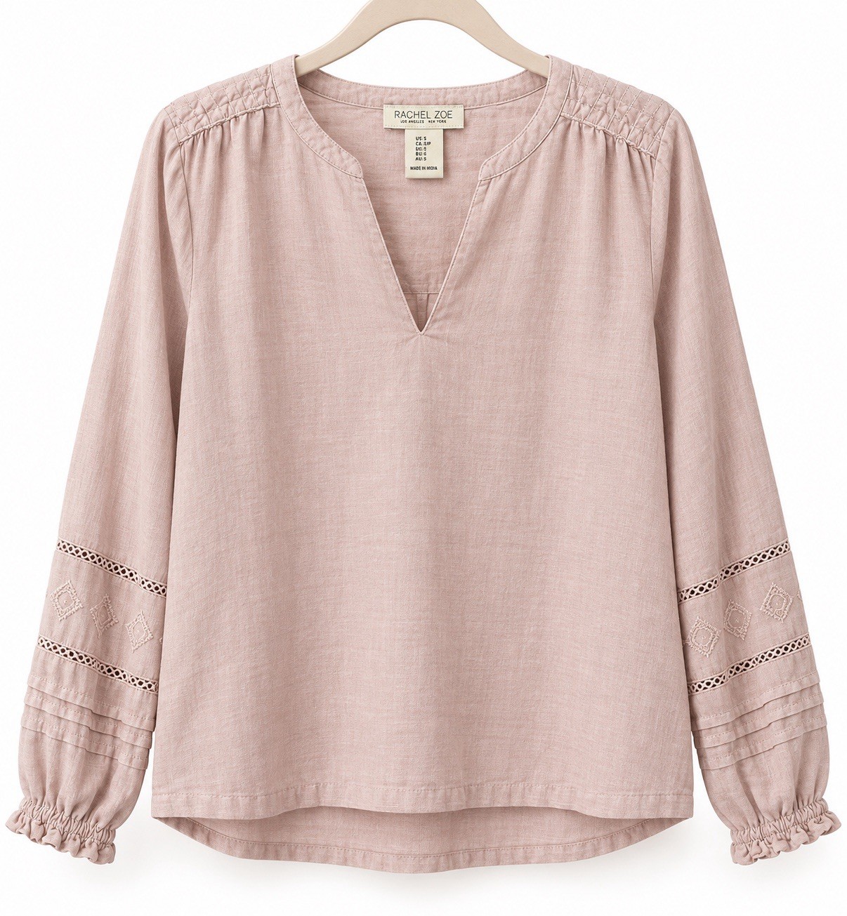 Rachel Zoe Women\'s Pink Linen-Cotton V-Neck Embroidered Long Sleeve Blouse S Rachel Zoe Women\'s Pink Linen-Cotton V-Neck Embroidered Long Sleeve Blouse S