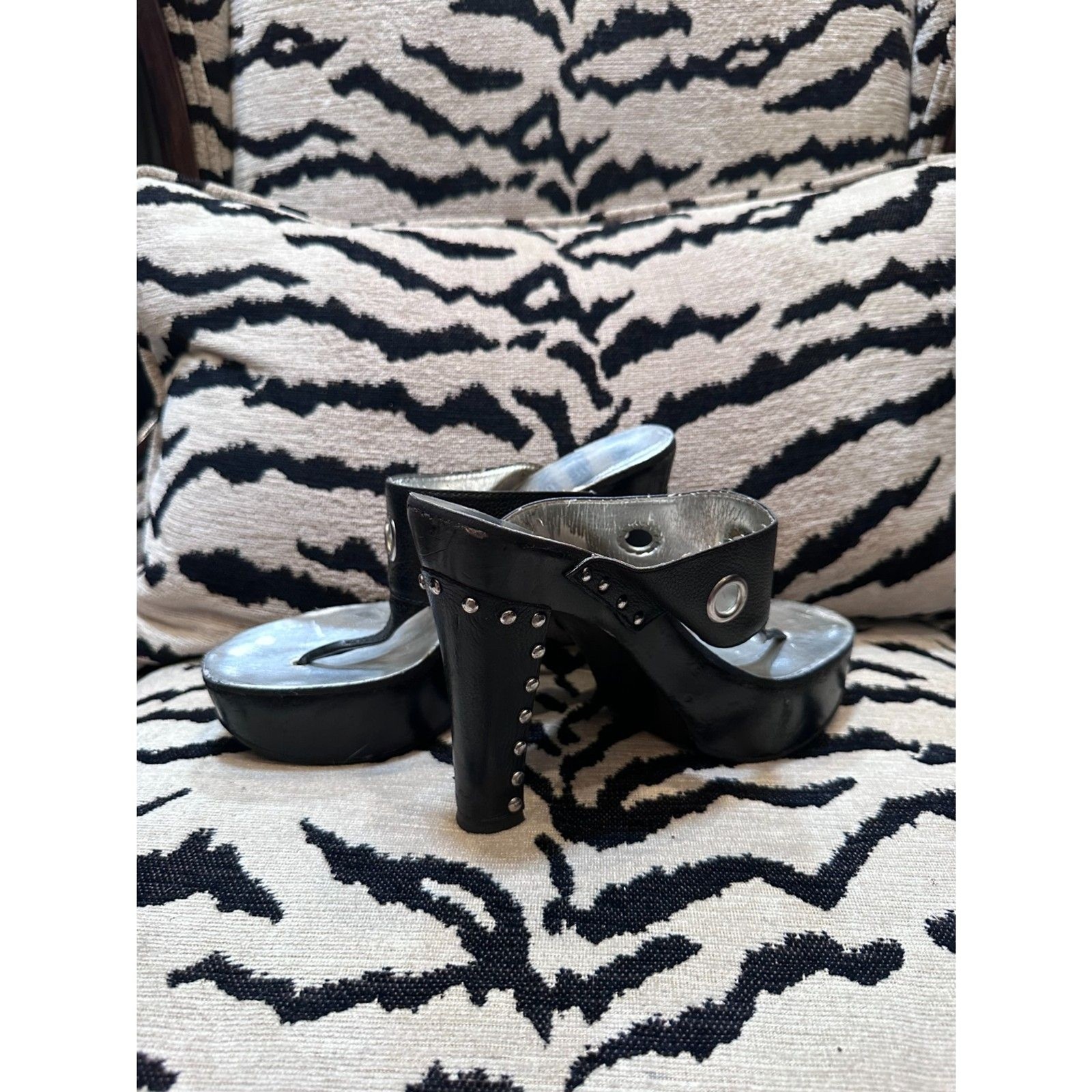 Vintage Colin Stuart Y2K Black Leather Wooden Platform Mules Studded Heel Size S