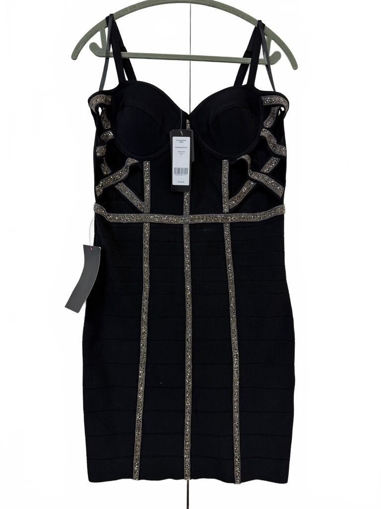 NEW Bebe Maia Bandage Bodycon Dress Large Black Embellished Bustier Mini