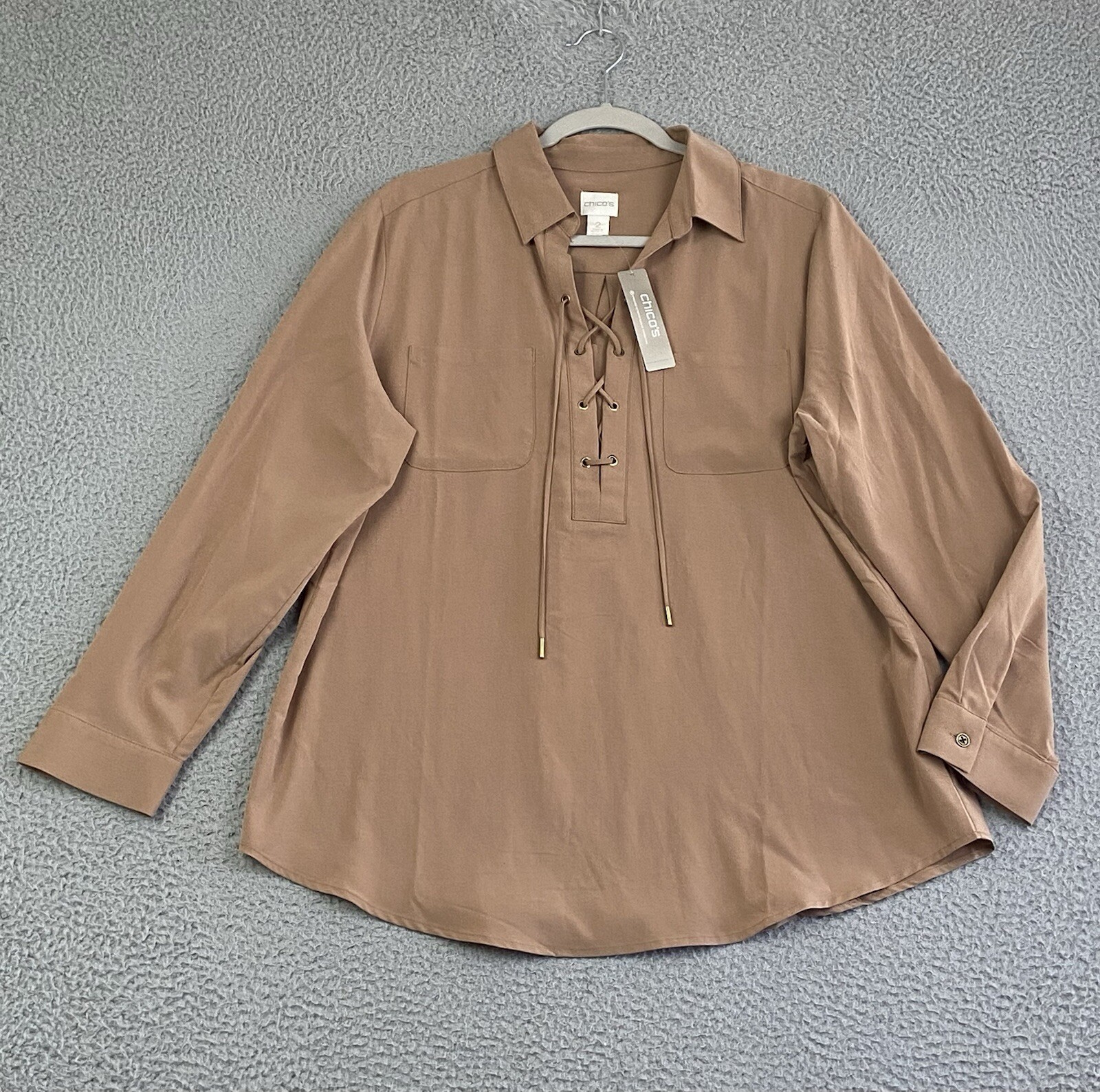 NWT Chico\'s 2 Blouse Large Brown Long Sleeve Top Casual Career Boyfriend Tunic