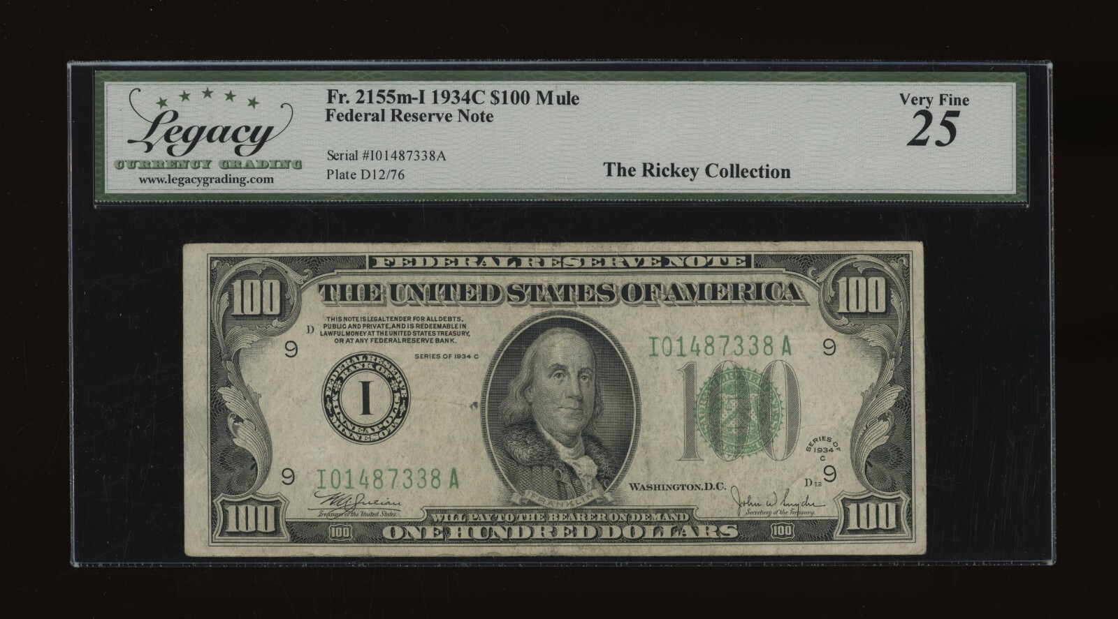 DBR 1934-C $100 Minneapolis Mule Fr. 2155-Im Legacy 25 Serial I01487338A