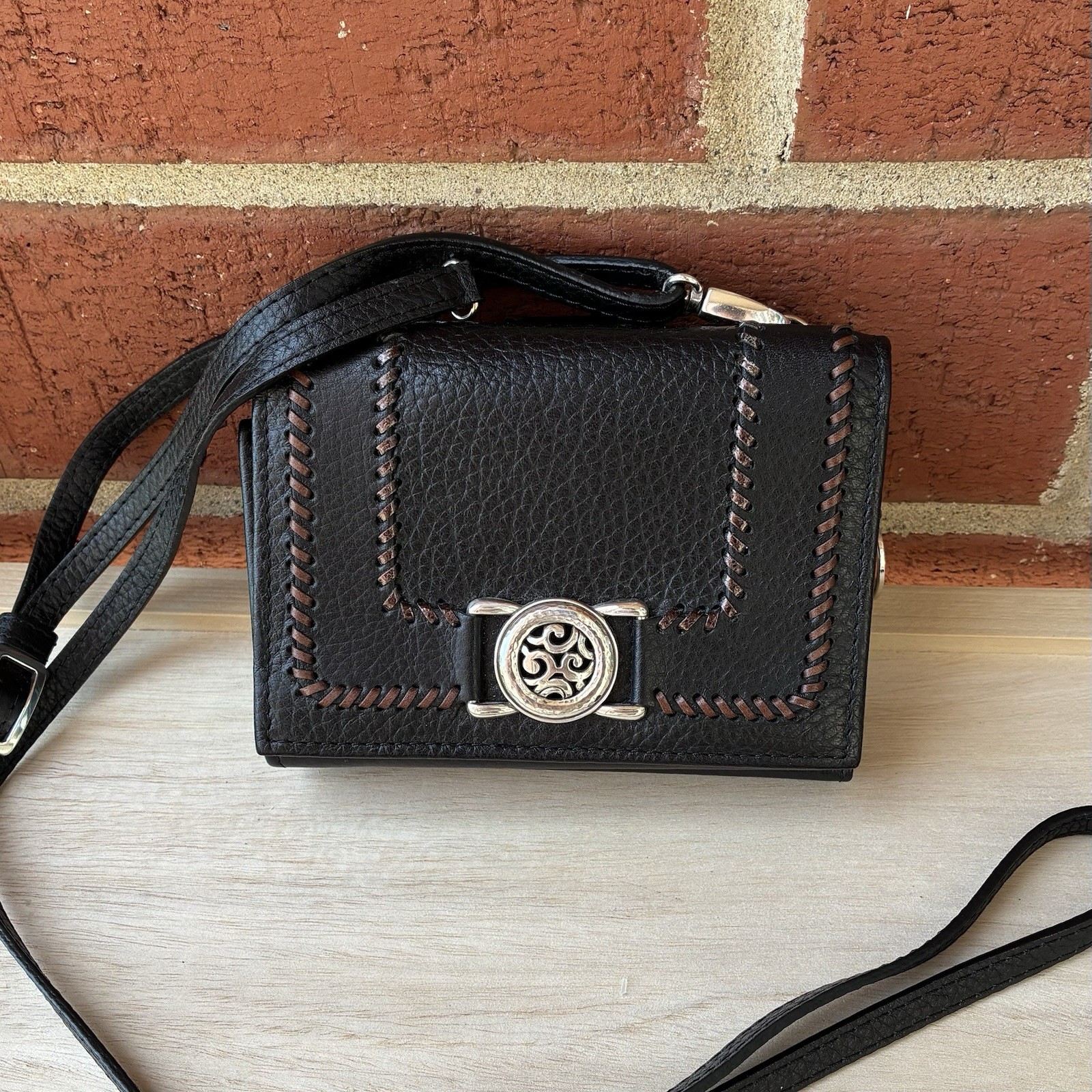 Brighton Barbados Autumn Petite Organizer Crossbody Wallet Black w/ Brown Stitch