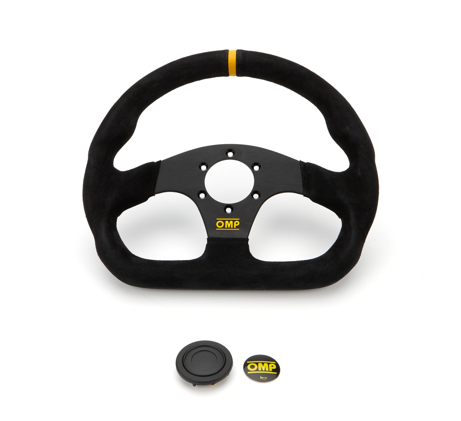 OMP Super Quadro Steering Wheel 320 mm Diameter Flat 3-Spoke Black Suede Yellow 