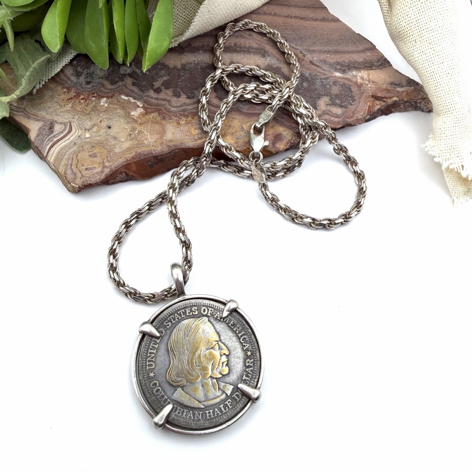 US 1892 Columbian Exposition Half Dollar Coin Necklace-20” STERLING Chain BEZEL