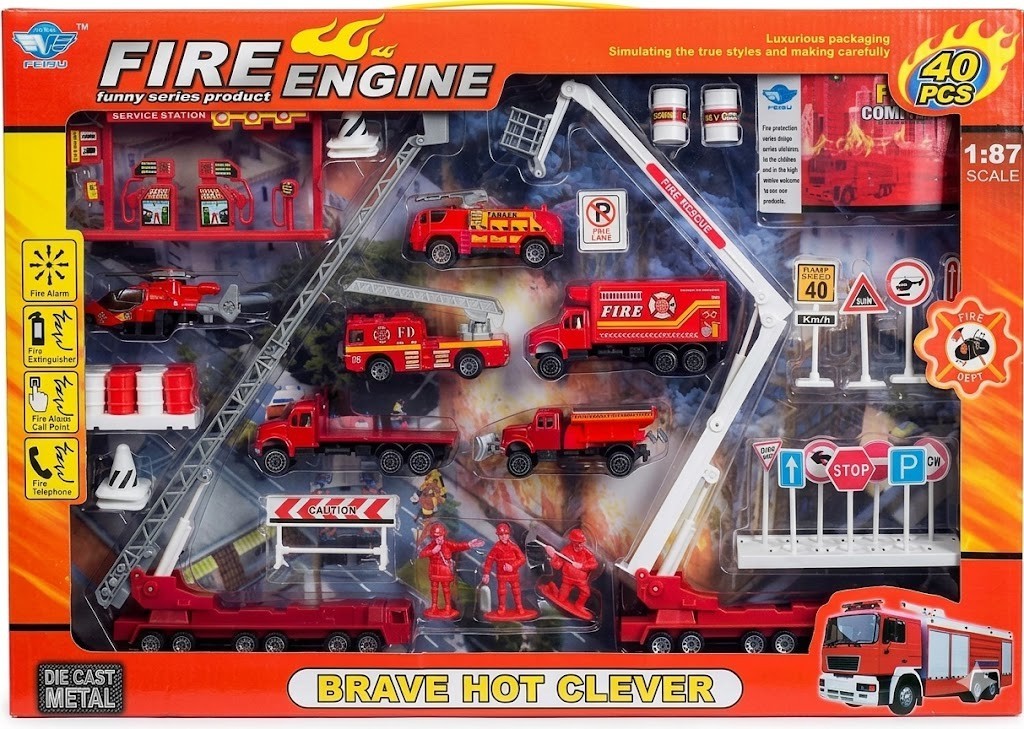 Big Daddy Fire Rescue Toy Play Set 40+ Pc Diecast Metal Fire Truck Kids Gift Box