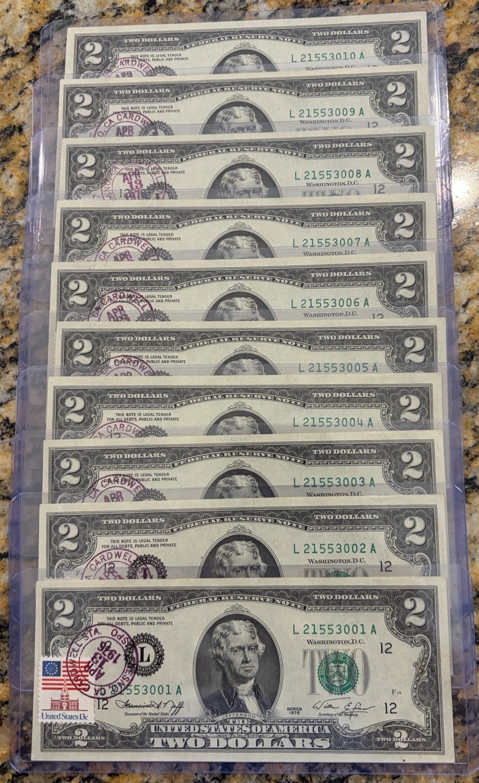 1976 First Day Issue $2 Bills - Sequential Set (10) - April 13, 1976 Stamped 1976 First Day Issue $2 Bills - Sequential Set (10) - April 13, 1976 Stamped