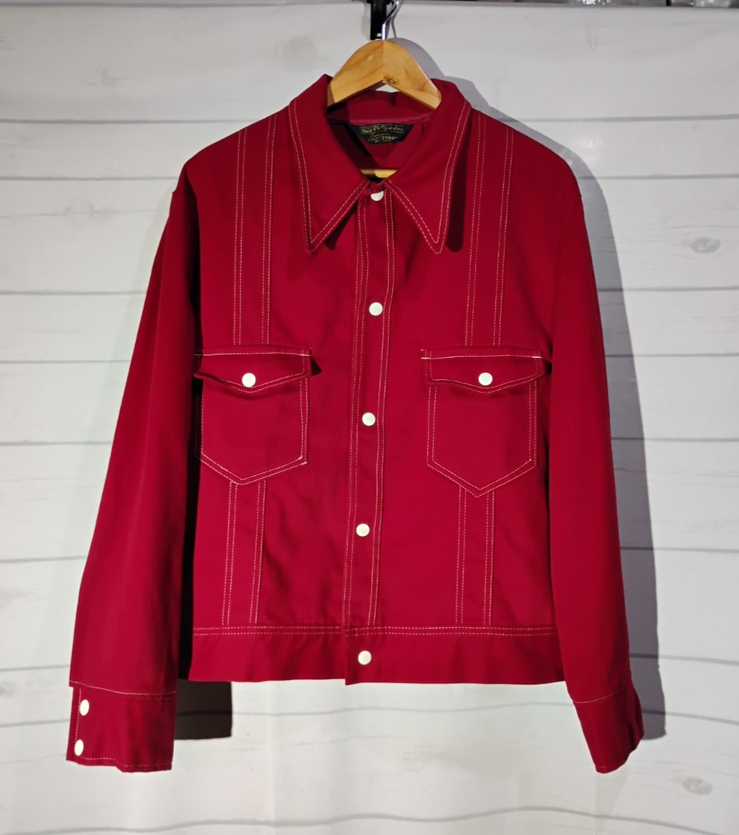 Vintage 70\'s Sears Sportswear Jacket - Red w/ White Stitching Snap Buttons Reg46
