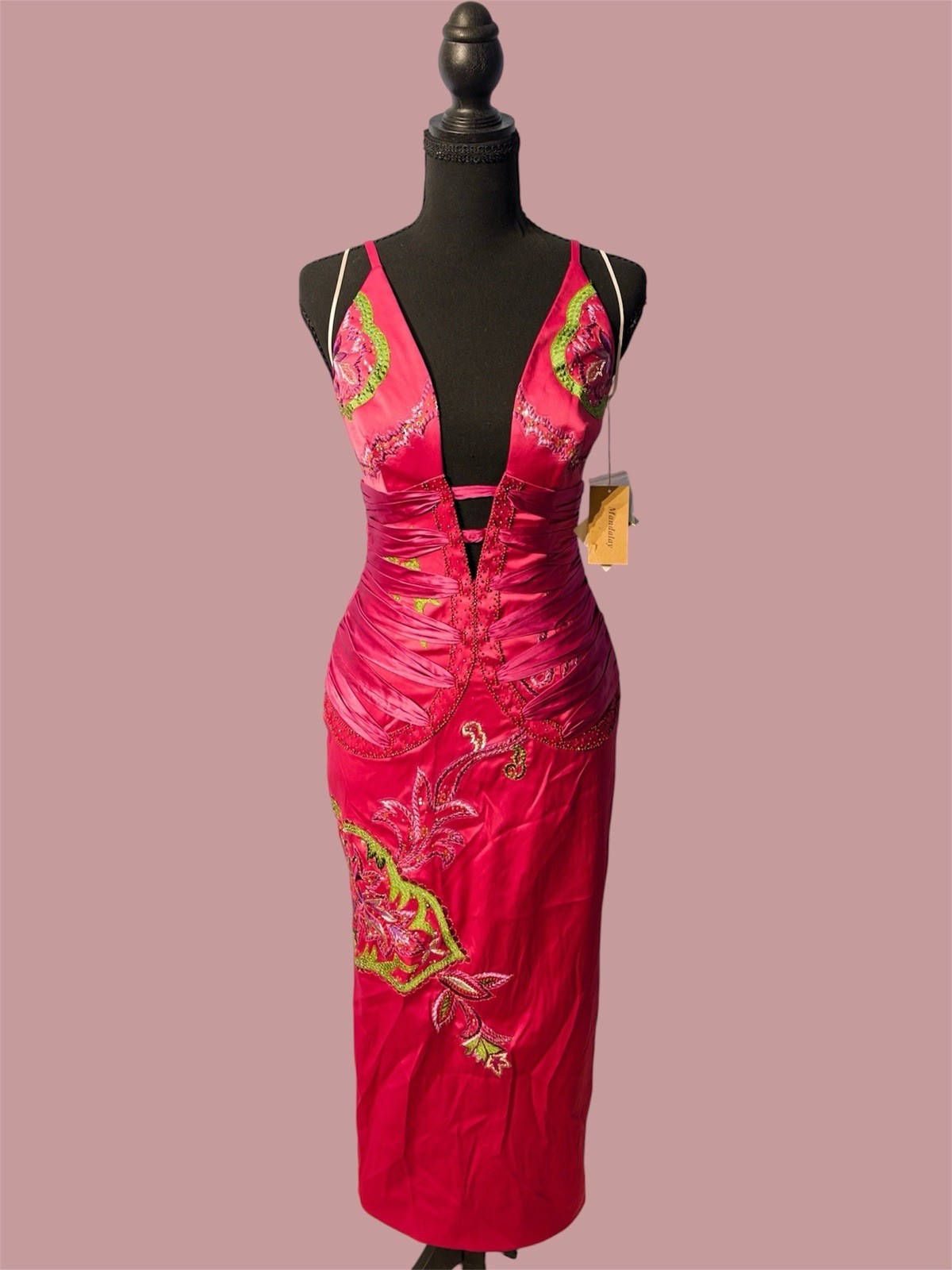NWT Mandalay Julian Joyce Beaded Embellished Cocktail Dress Hot Pink Satin Sz 6