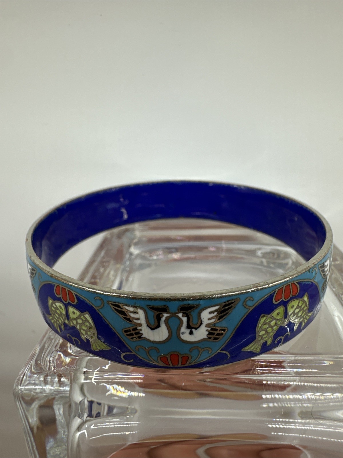 Beautiful Vintage Chinese Enamel  Bangle Brass Hand Painted Doves And Fish
