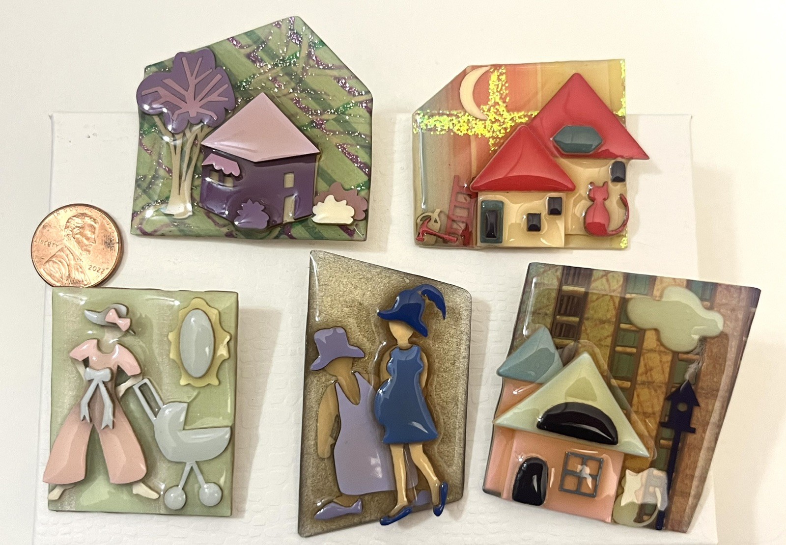 Vintage House Pins By Lucinda Lot 5Pc Glitter Cat Mom Woman Baby Signed Numbered