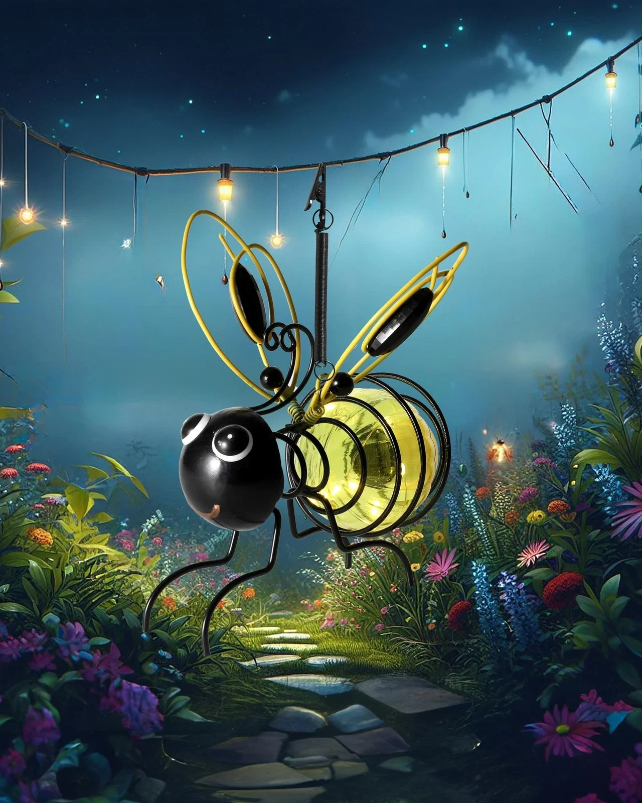 Outdoor Hanging Bee Solar Light Decor for Outside, Glowing Metal Bee with Spring Outdoor Hanging Bee Solar Light Decor for Outside, Glowing Metal Bee with Spring