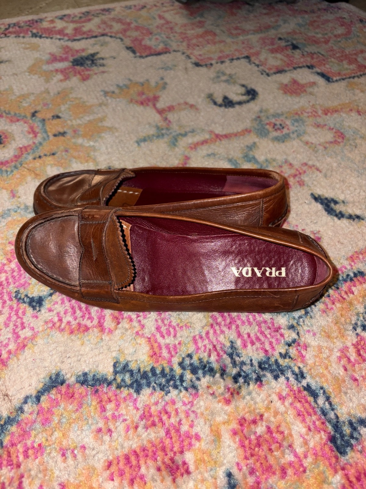 Vintage PRADA 38 women\'s shoes loafers, light brown with a red interior