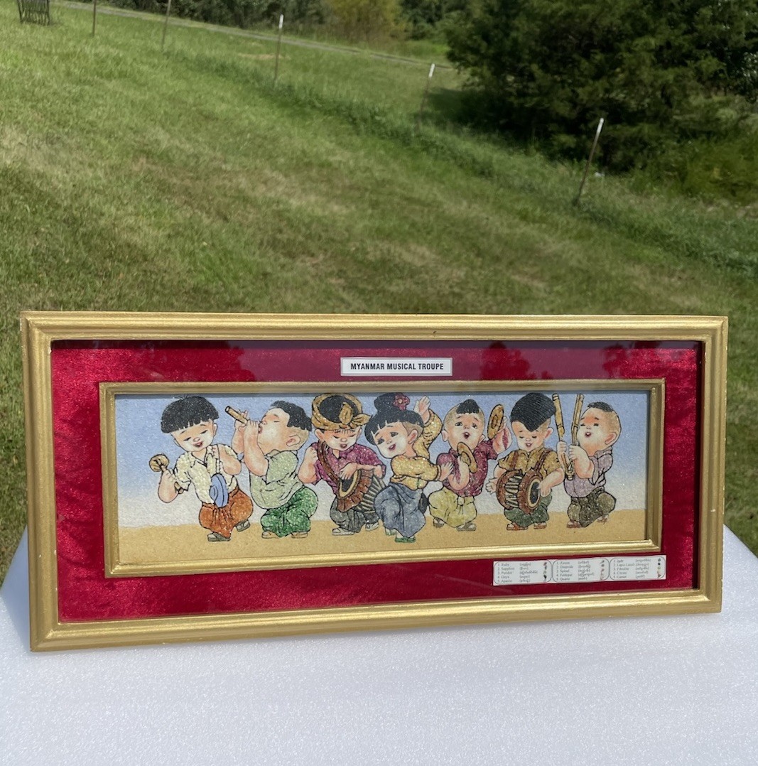 Vintage  Maynmar burmese 15 crushed gemstones art musical troupe framed