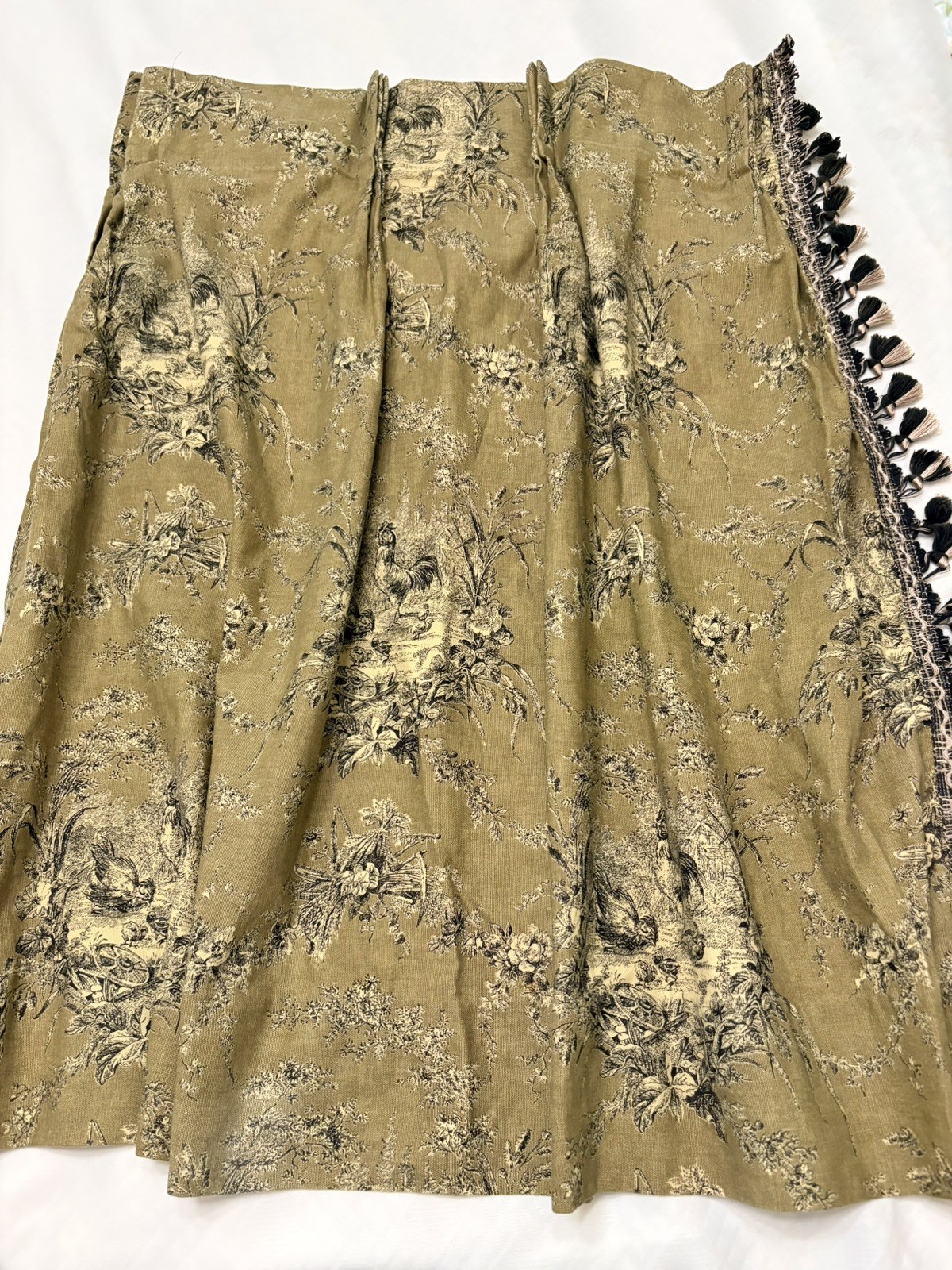 Vtg Waverly Olive Toile Country Life Chickens  Pair Drapes Curtains Cafe Length