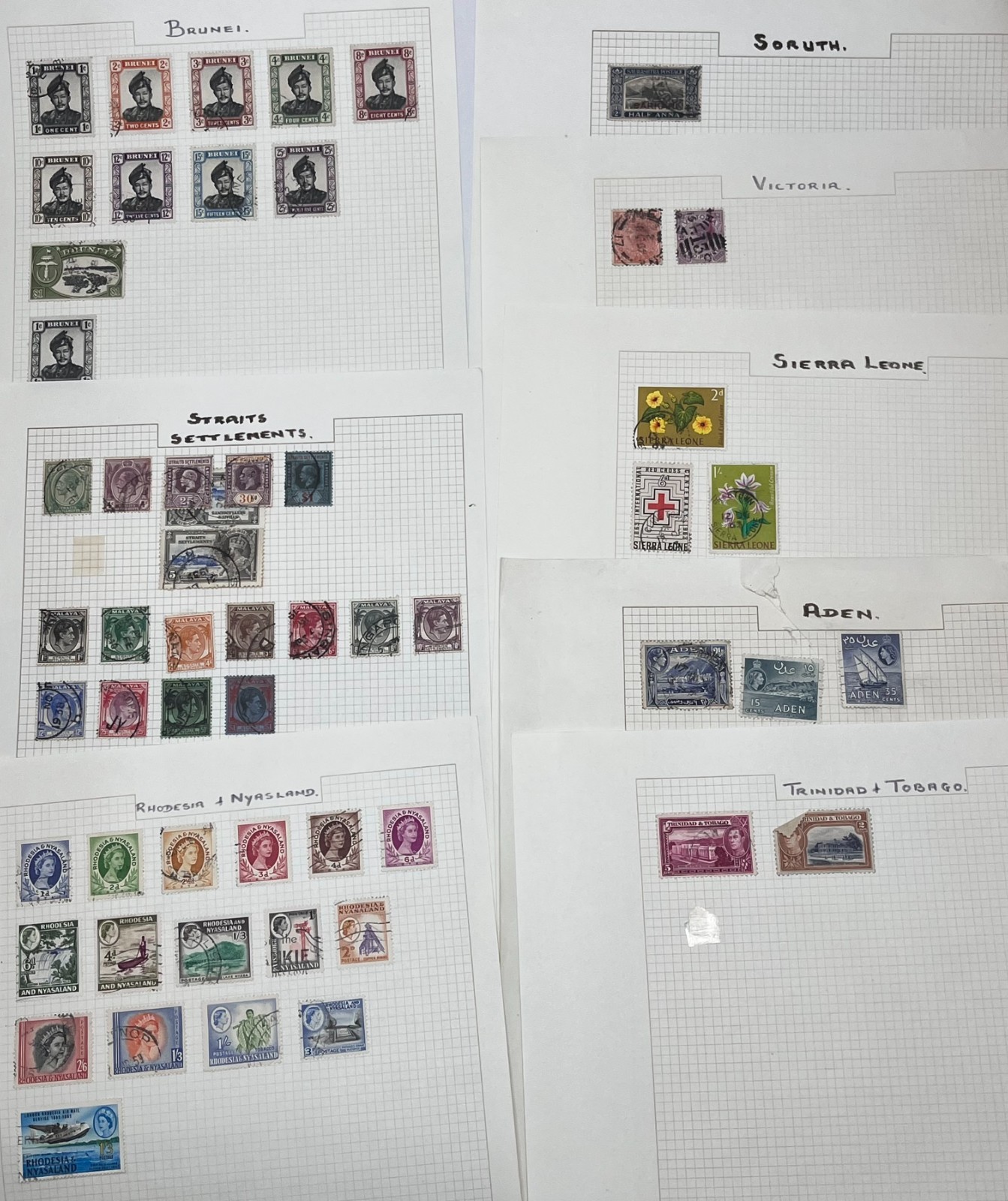 Old Stamp Album Pages - Straits Settlements, Brunei, North Borneo, Southern Rhod Old Stamp Album Pages - Straits Settlements, Brunei, North Borneo, Southern Rhod