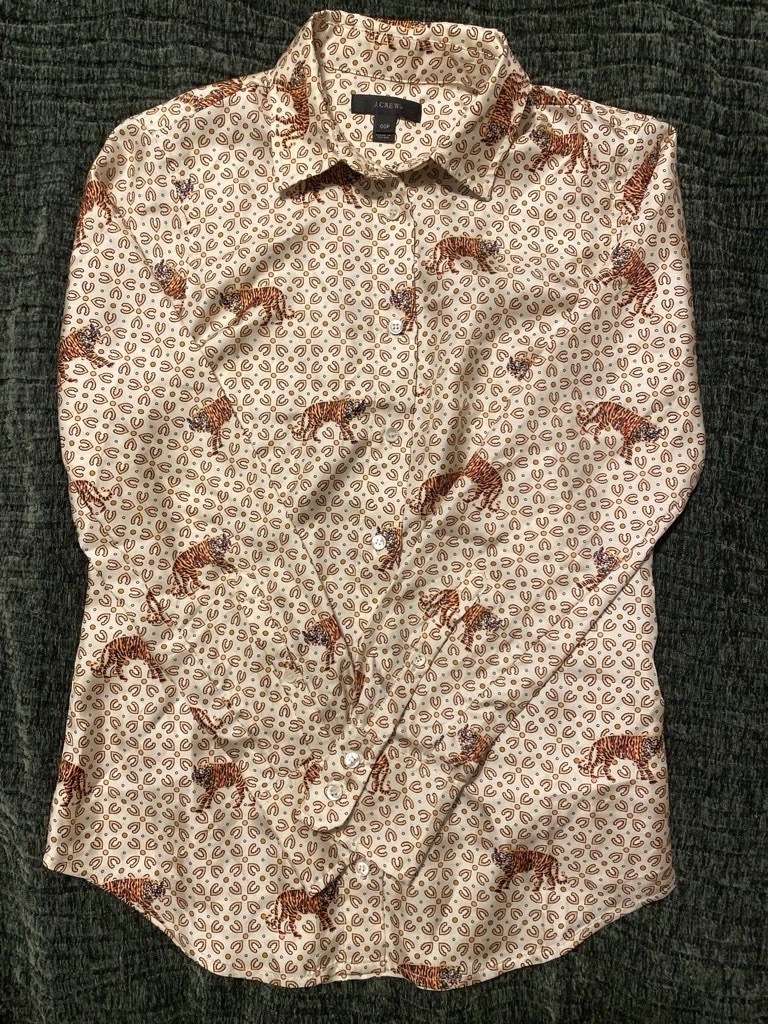 J.Crew 100% Silk Cream & Brown Tiger Print Blouse 00P Petite