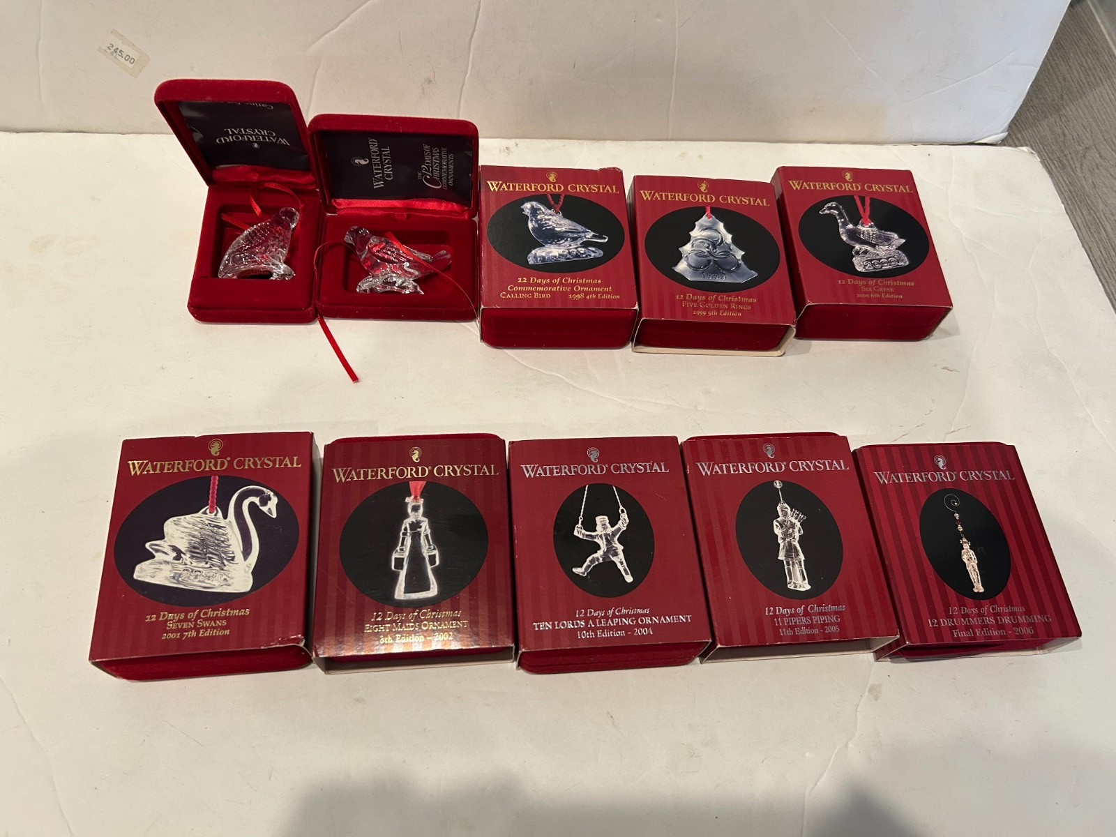 WATERFORD Crystal 12 Days of Christmas Ornaments Lot 10 of 12 original Boxes