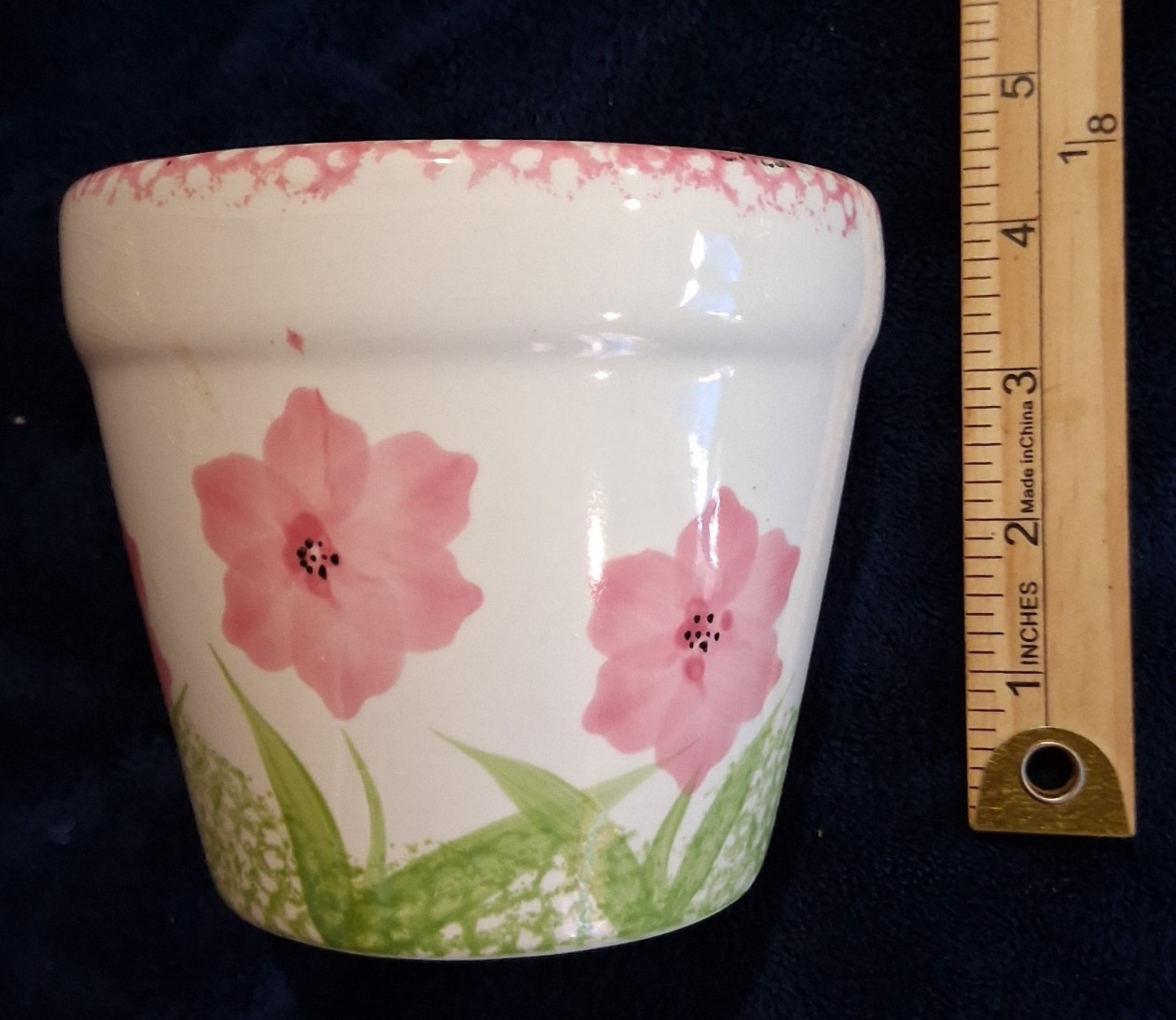 Vintage Ceramic Floral Planter Pot Pink Flowers Lily of the Valley Rim 4.5\