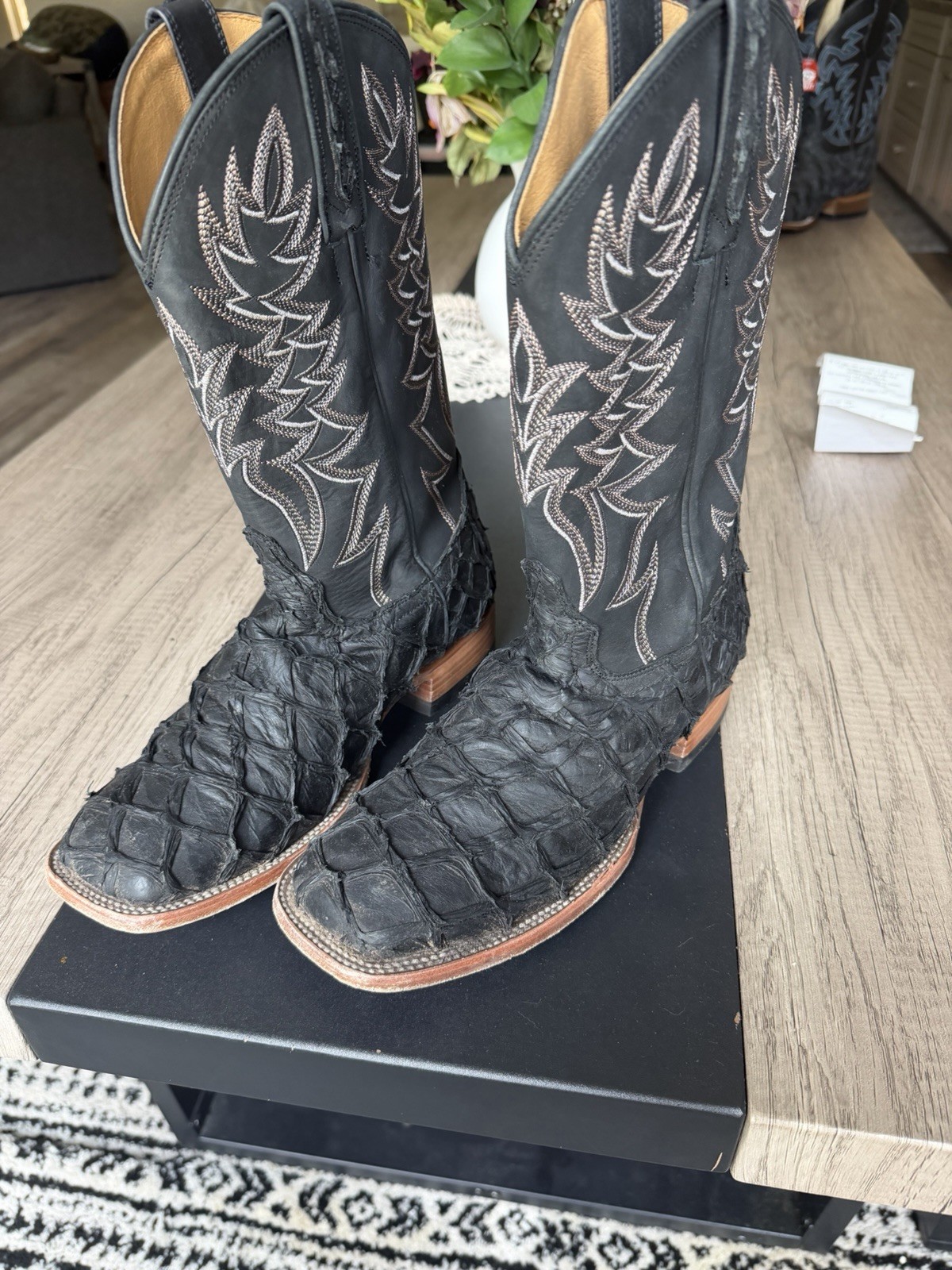 Cody James Men\'s Exotic Pirarucu Western Boots Black Broad Square Toe Size 8.5
