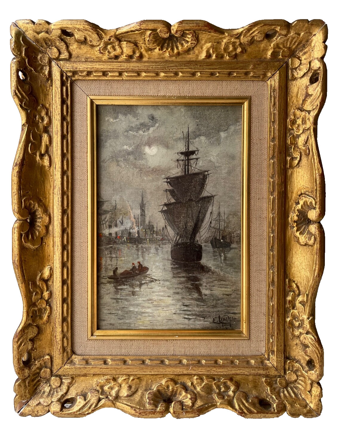 19th Century Circle of Eugene Boudin Oil on Canvas Signed Ships Port Moonlight
