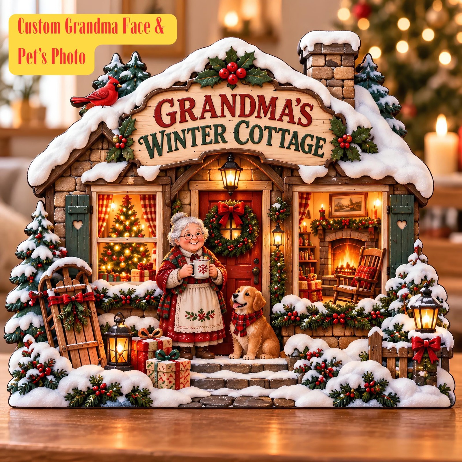 Personalized Grandma Winter Cottage Wooden Block