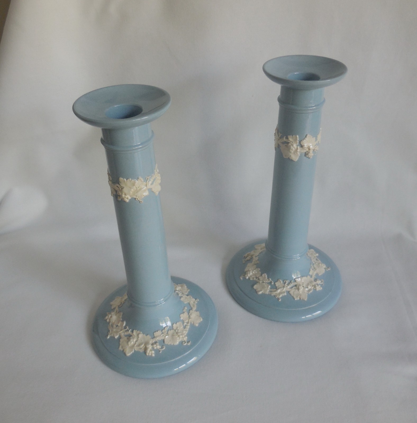 Vintage Wedgwood Lavender Blue Queensware 9 Inch Pillar Candlesticks