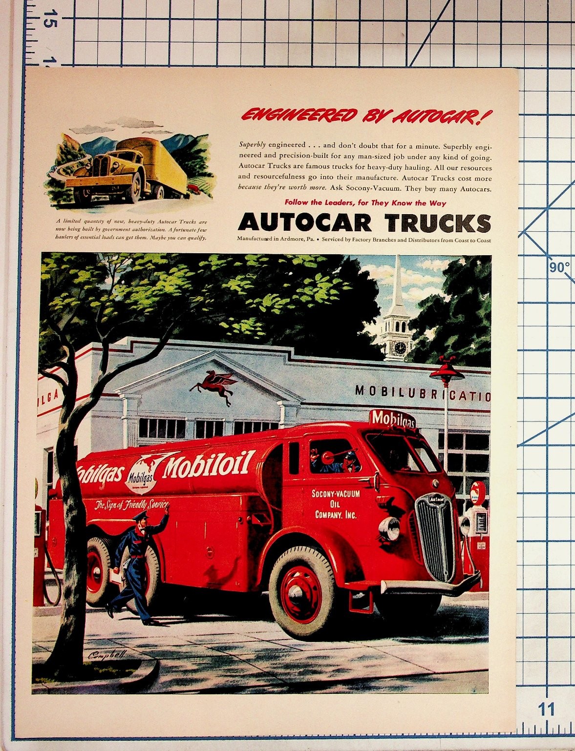 Vintage 1940s Autocar Trucks Mobilgas Tanker Ad Ardmore PA Ephemera