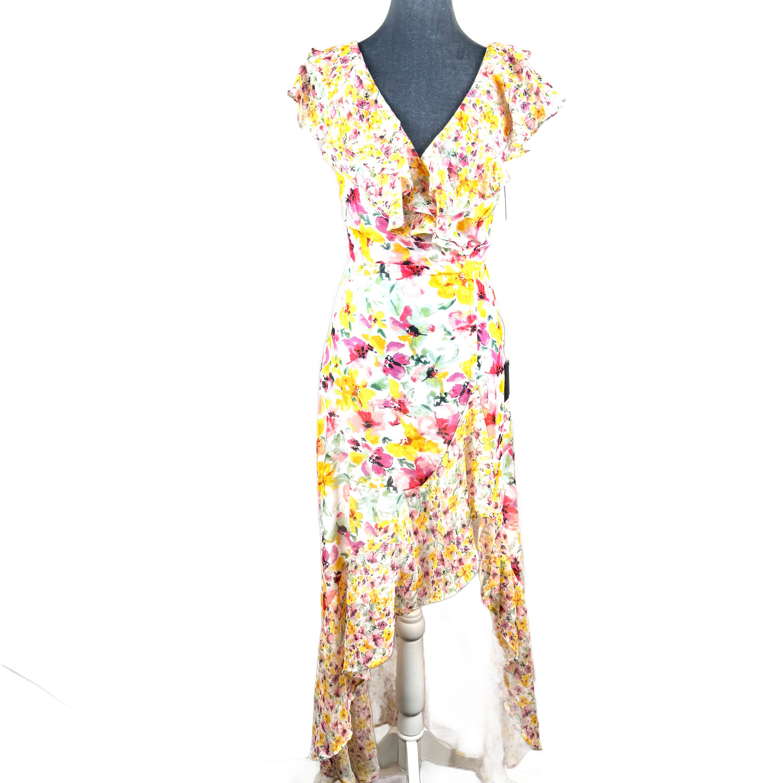 Lulus Women\'s Maxi Dress XS White Floral Ruffle Wrap High-Low Style & Tie Back Lulus Women\'s Maxi Dress XS White Floral Ruffle Wrap High-Low Style & Tie Back