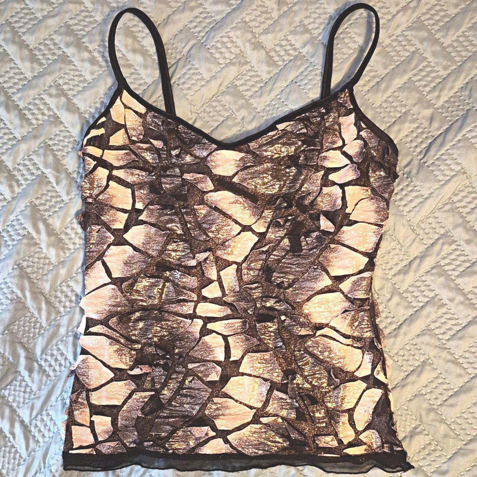 Black And Silver Y2K Abstract Mesh Sheer Cami Top, Spaghetti Straps, Women’s XS
