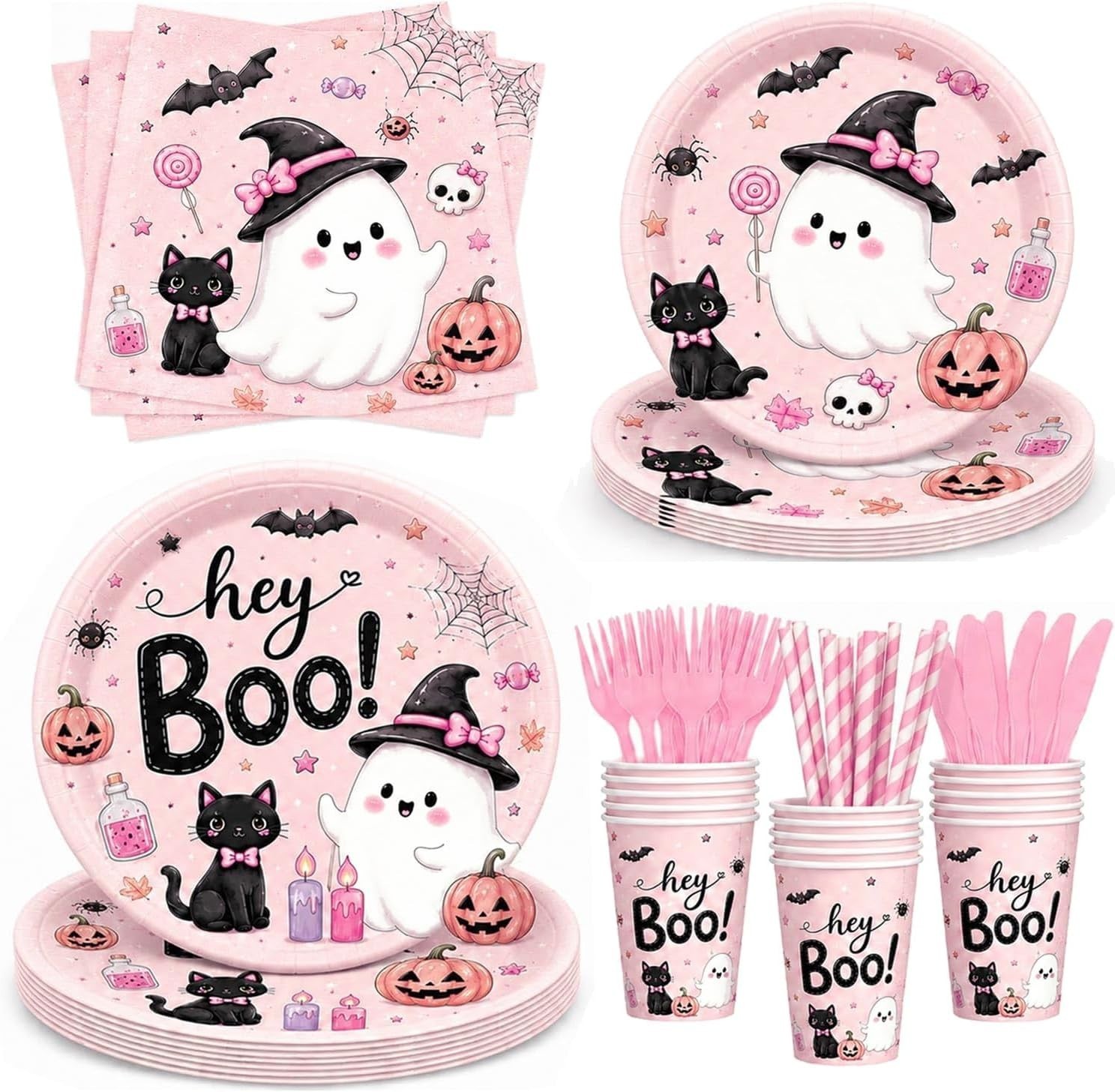 168 PCS Pink Halloween Party Supplies, Hey Boo Ghost Halloween Plates, Napkins, 168 PCS Pink Halloween Party Supplies, Hey Boo Ghost Halloween Plates, Napkins,