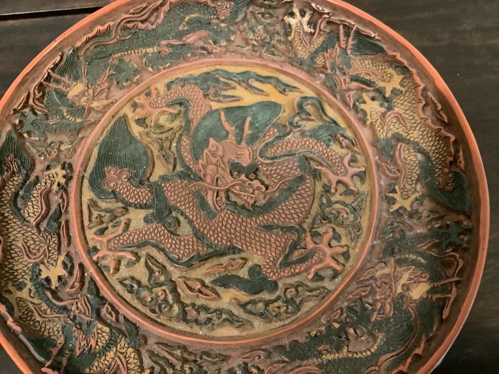 Vintage Chinese Style Carved Polychrome Dragon Plate with Jiajing Mark