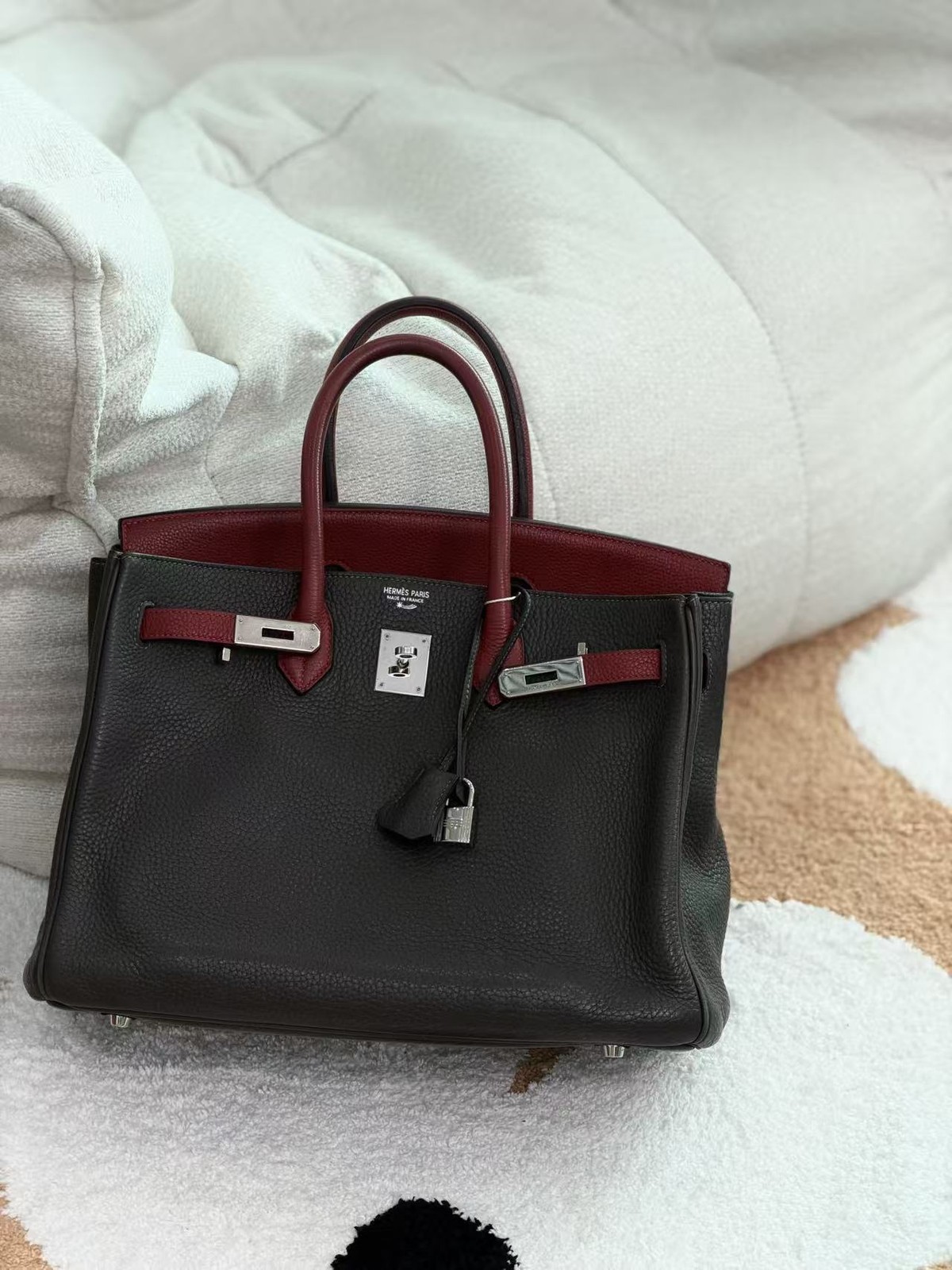 AUTH Hermes Birkin 35 Grey & Red Togo Leather Silver HW Handbag