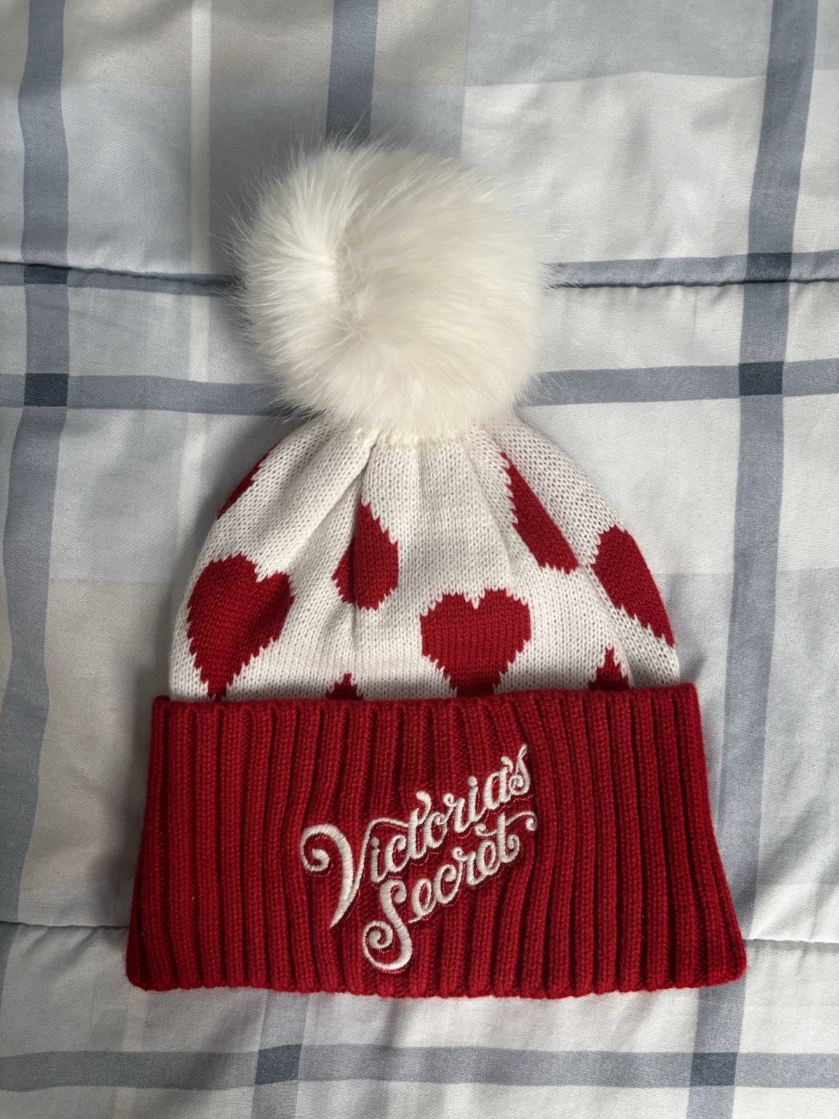 Vintage Victoria\'s Secret Red/White Heart Knit Pom Pom Beanie Embroidered Logo