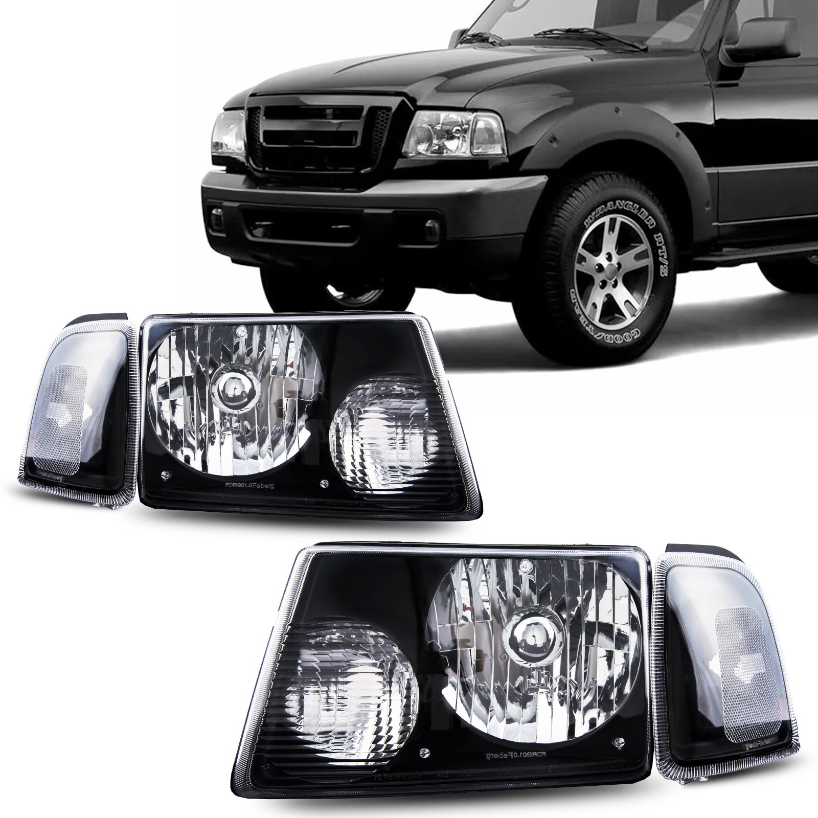 Black Left & Right Headlight & Corner Light Set For Ford Ranger Pickup 2001-2011