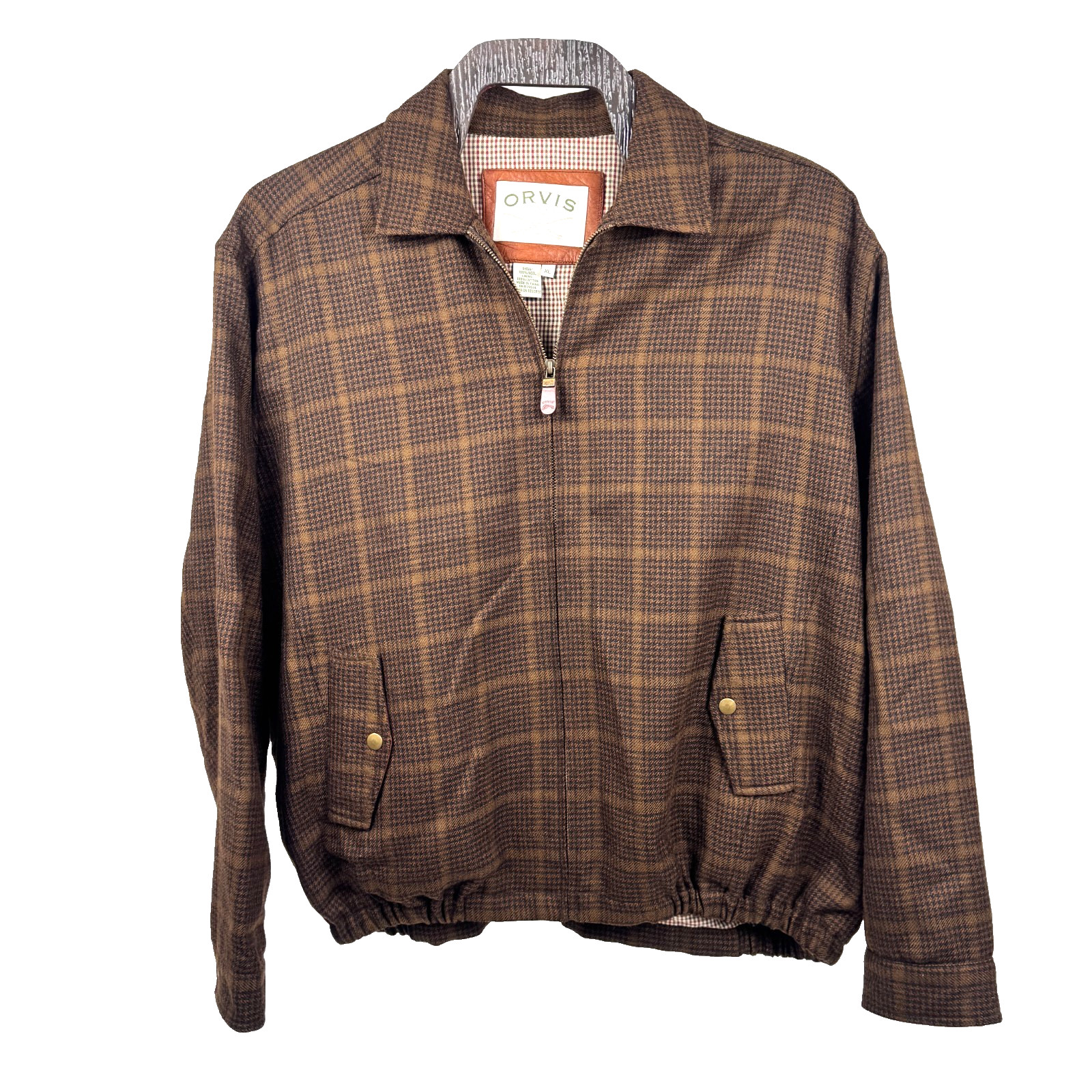 Vintage Orvis Houndstooth Plaid Harrington Bomber Jacket Full Zip 100% Wool XL