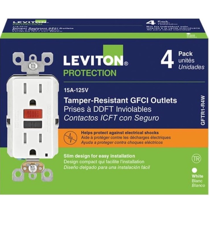 Leviton 15A-125V GFCI Outlet 4Pack, Tamper-Resistant, White/Red/Black Leviton 15A-125V GFCI Outlet 4Pack, Tamper-Resistant, White/Red/Black