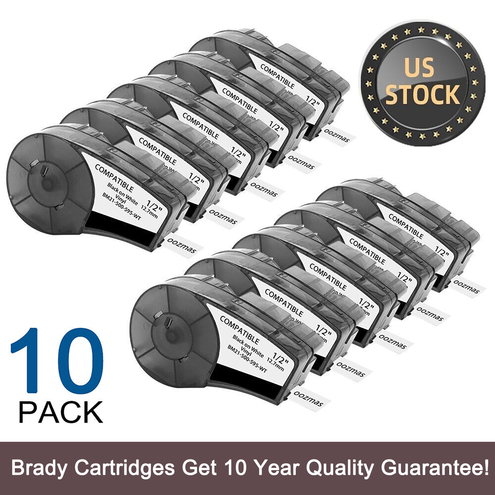 10PK For Brady BMP21-PLUS M21-500-595-WT Label Cartridge Black/White 1/2\