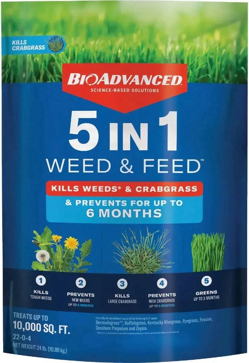 BioAdvanced 5 in 1 Weed and Feed Lawn Fertilizer 24 Lb Covers 10,000 Sq Ft BioAdvanced 5 in 1 Weed and Feed Lawn Fertilizer 24 Lb Covers 10,000 Sq Ft