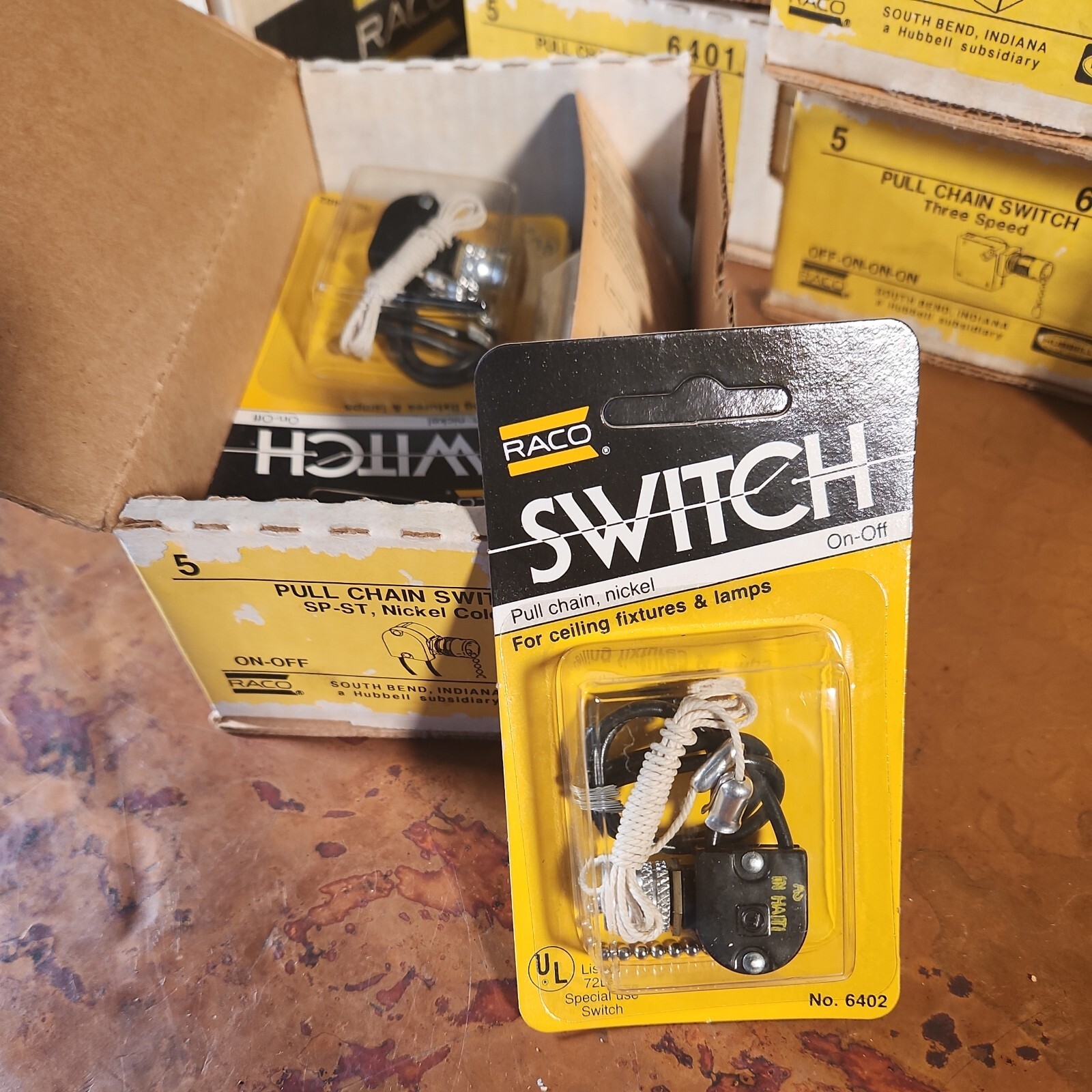 Box of (5) RACO PULL-CHAIN SWITCH SPST Nickel Finish Vintage USA 6402