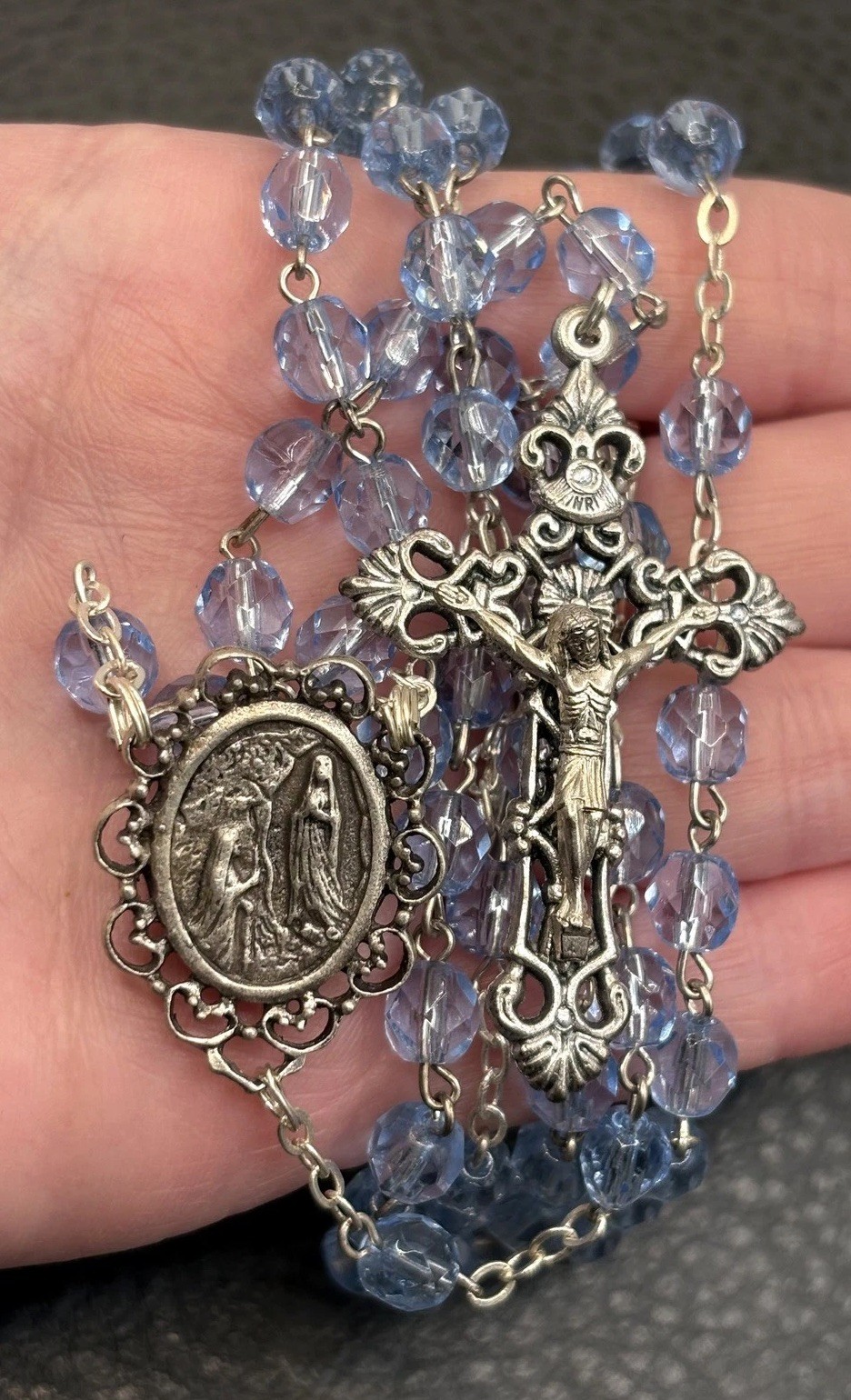 Vintage Our Lady of Lourdes Rosary Blue Glass Beads Crucifix Silver Tone 28” Vintage Our Lady of Lourdes Rosary Blue Glass Beads Crucifix Silver Tone 28”