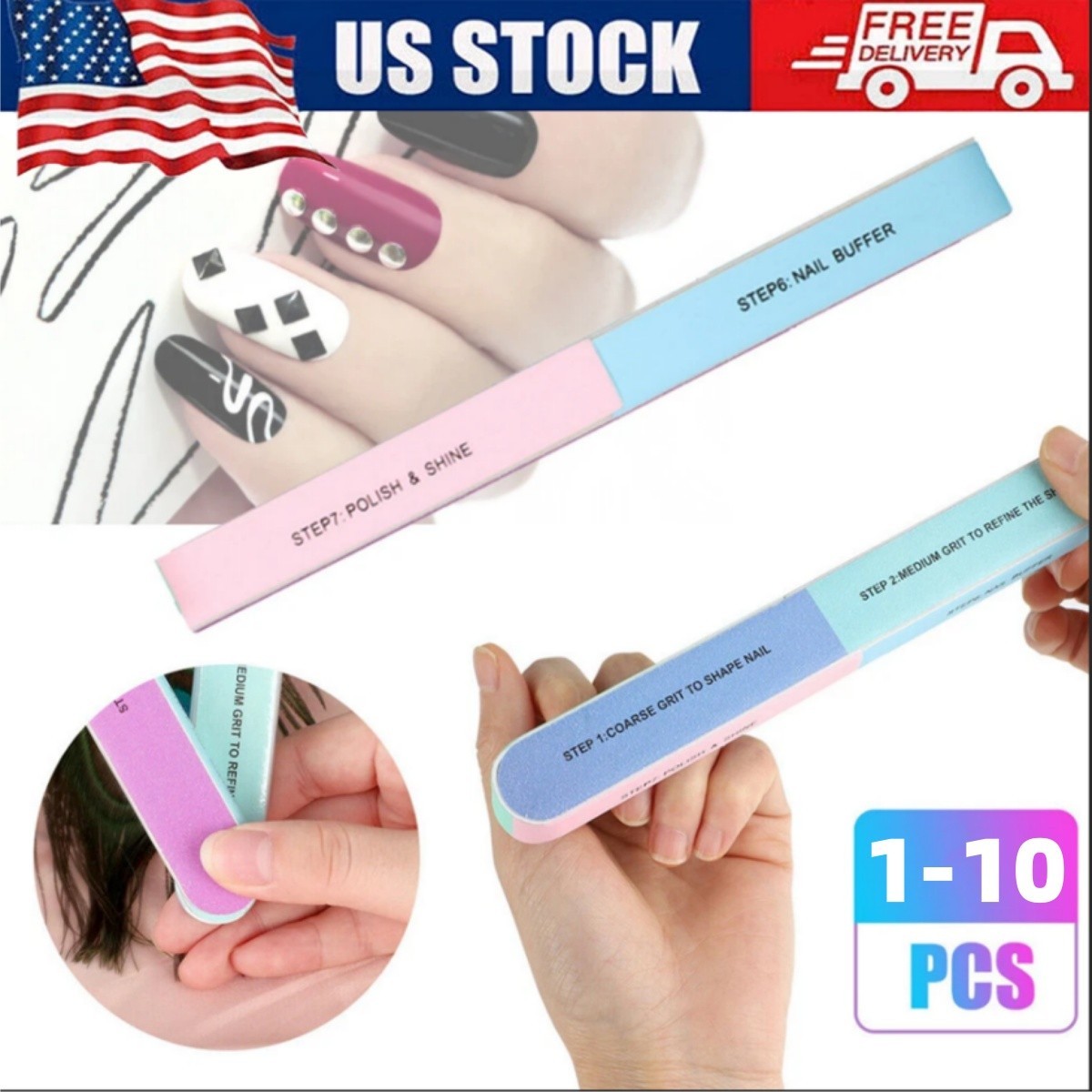1-10Pcs Nail Buffer Block 7-Sided Manicure Emery Board Sanding Polishing File